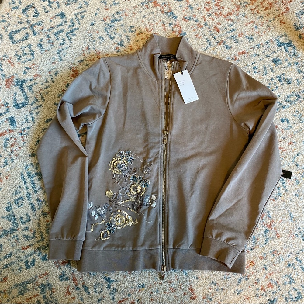 NWT BCBG Maxazria Khaki Track jacket With Floral Sequins